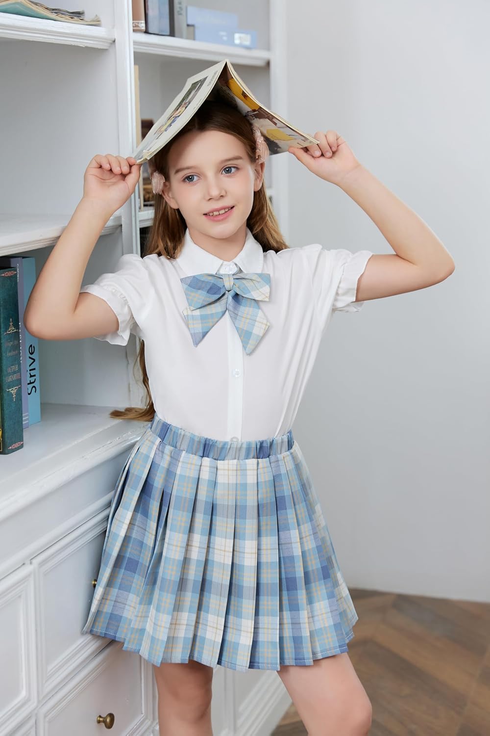 Betusline Girls Skirt Set JK School Uniform 2-Piece Outfit - Short Sleeve Shirt with Bow & Pleated Skirt 4T-14Y - Image 2