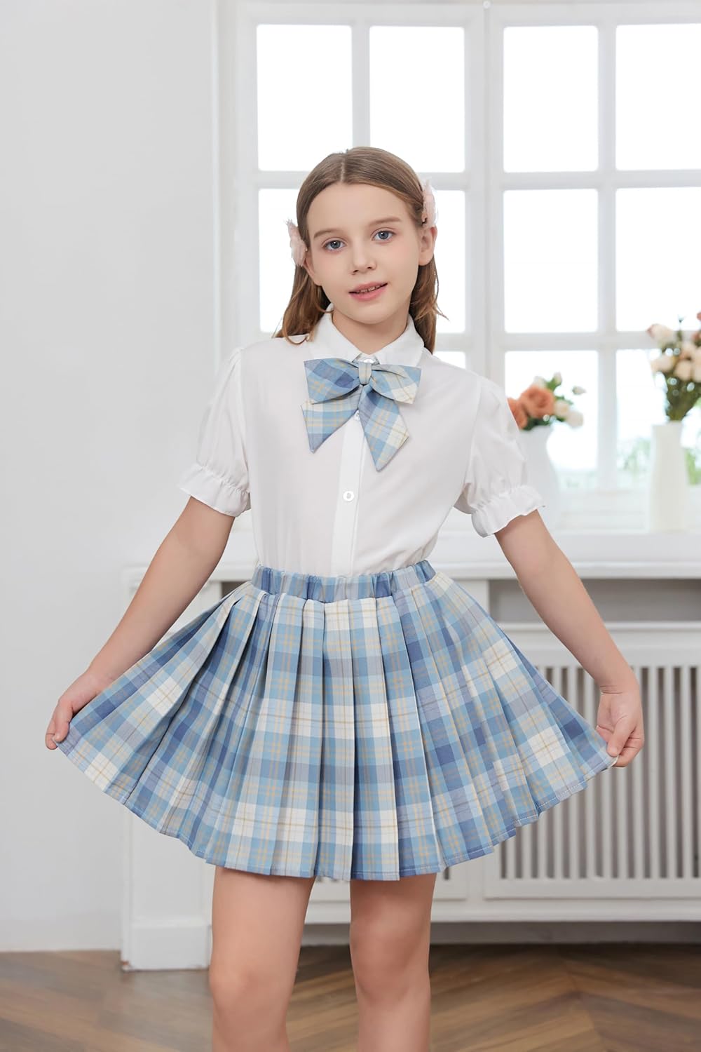 Betusline Girls Skirt Set JK School Uniform 2-Piece Outfit - Short Sleeve Shirt with Bow & Pleated Skirt 4T-14Y - Image 3