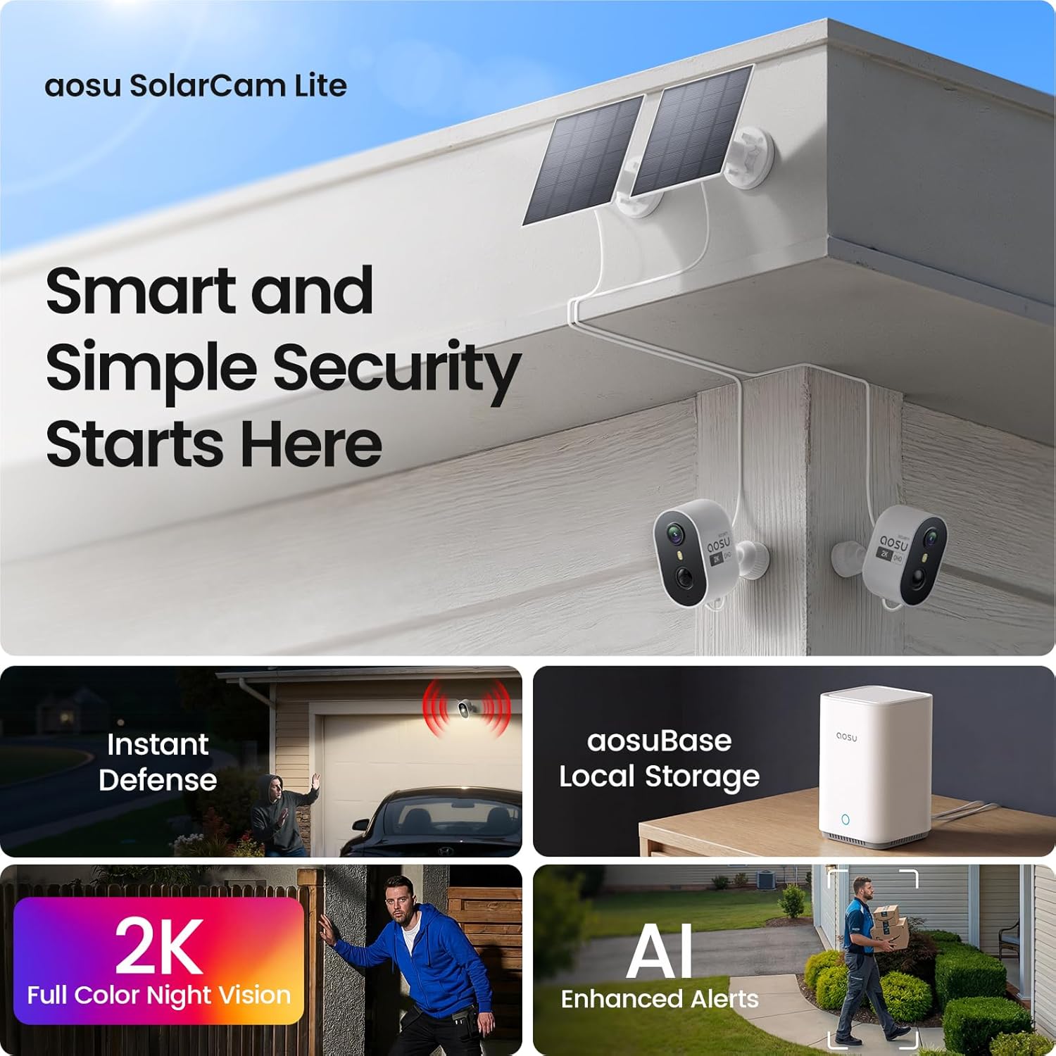 aosu Solar Security Cameras Wireless Outdoor Home System, True 2K HD, Cross-Camera Tracking, PIR + AI Human Detection, Color Night Vision, Local Storage, No Subscription Required, 4-Cam-Kit - Image 2