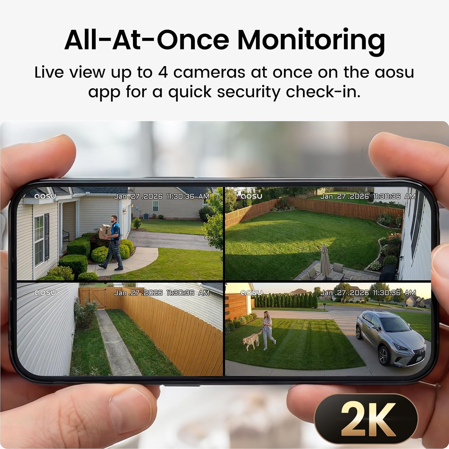 aosu Solar Security Cameras Wireless Outdoor Home System, True 2K HD, Cross-Camera Tracking, PIR + AI Human Detection, Color Night Vision, Local Storage, No Subscription Required, 4-Cam-Kit - Image 4