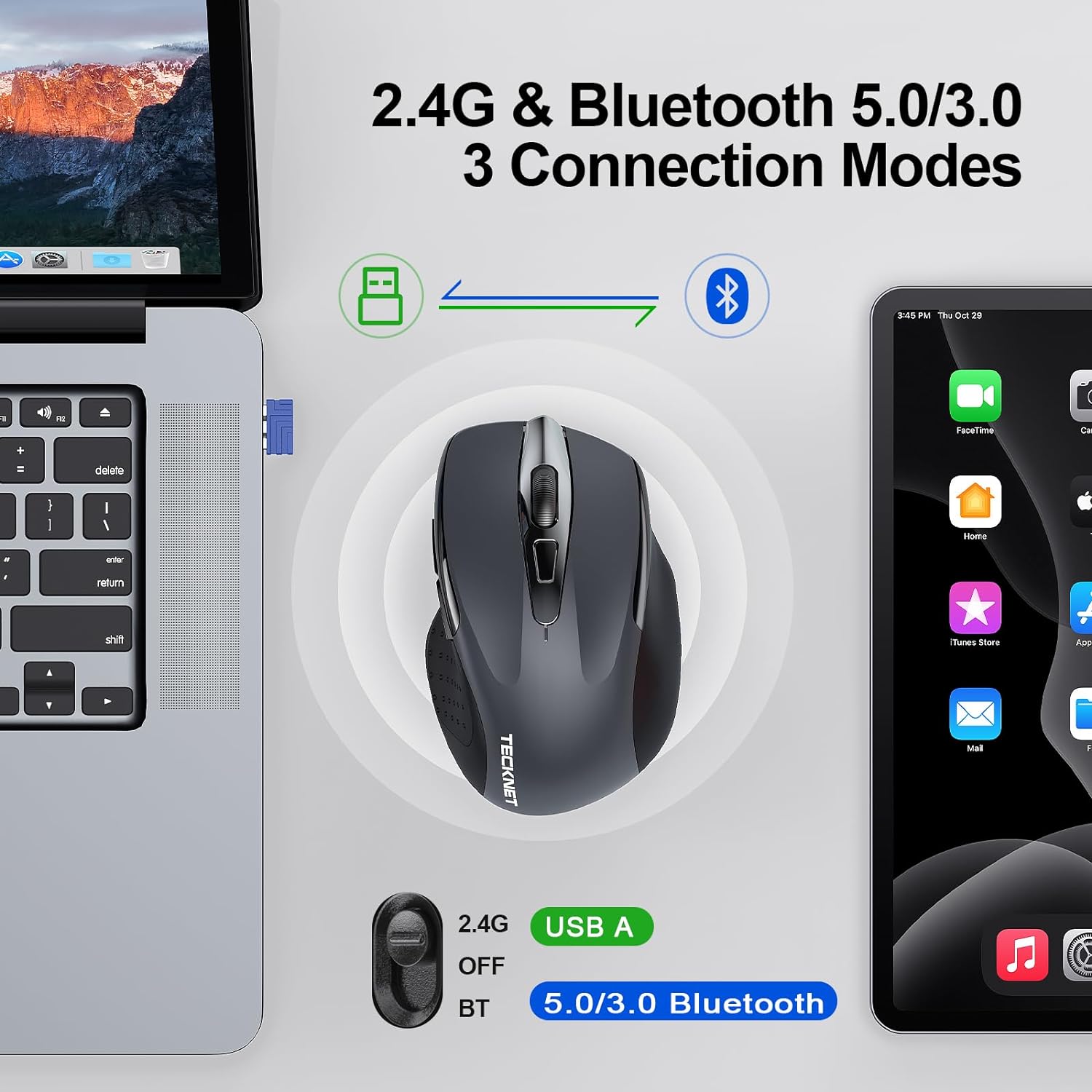 TECKNET Wireless Mouse (2.4G & BT5.0/3.0) Silent 4800 DPI Computer USB A & Bluetooth Mouse 6 Buttons, Wide Compatibility - Grey - Image 2