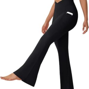 DLOODA Women’s Flare Leggings with Pockets Crossover High Waisted Bootcut Yoga Pants Tummy Control Bell Bottom Leggings