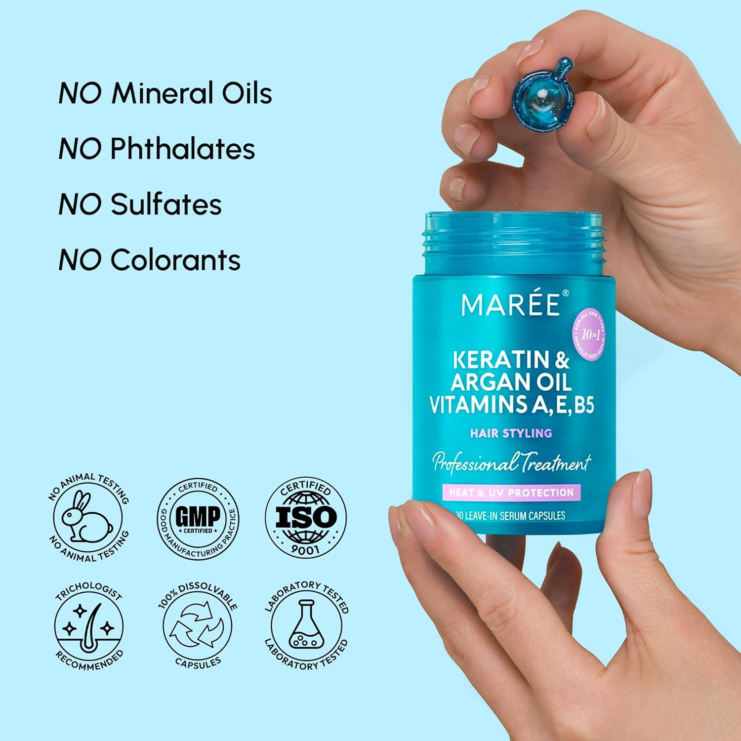 MAREE Hair Serum for Frizzy Dry Hair 2 PACK – Styling Capsules with Keratin, Argan Oil, Vitamins A E B5 – UV & Heat Protectant Frizz Control Serum for Women – Aceite Para el Cabello - Image 12