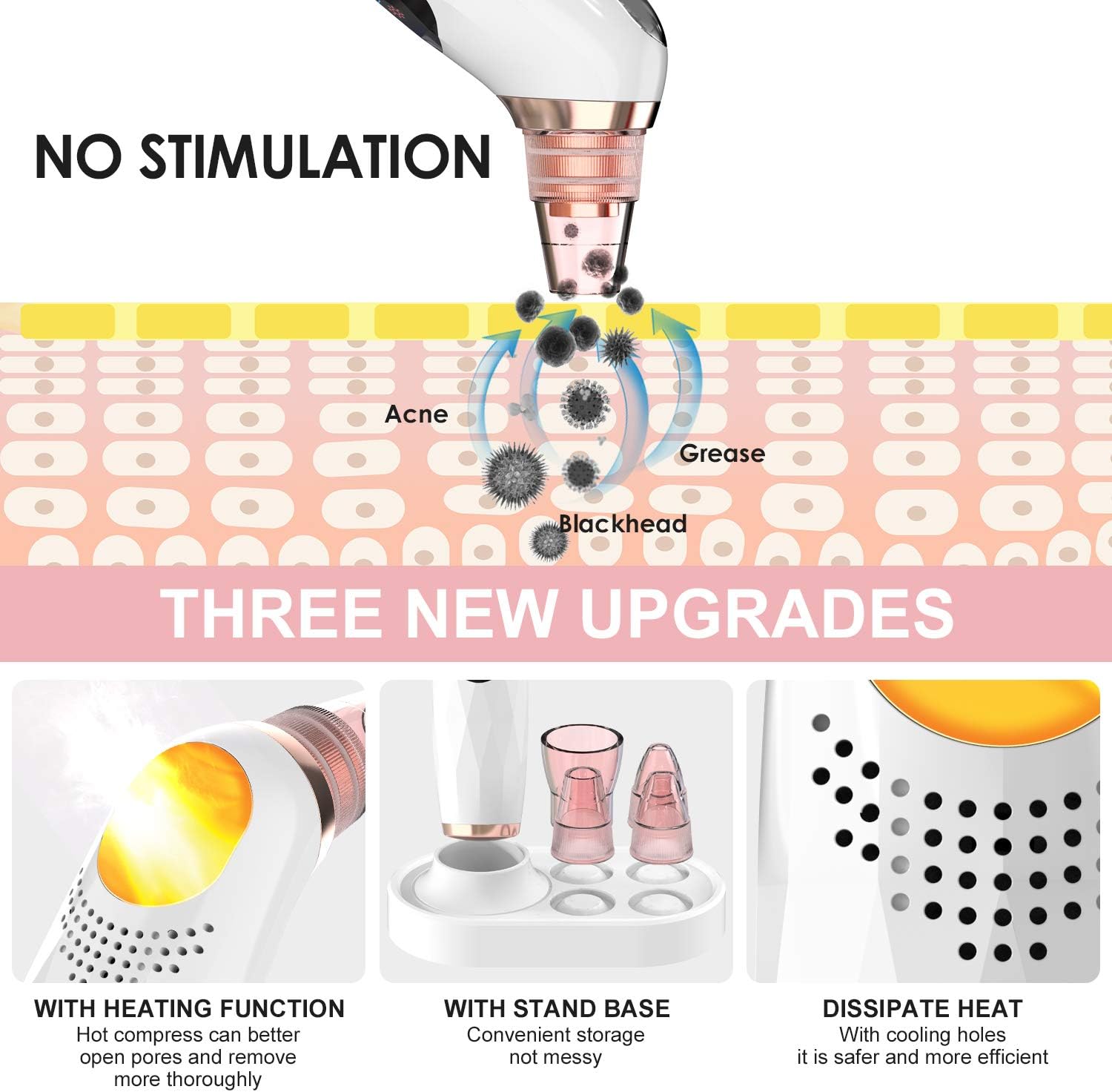 Blackhead Remover Pore Vacuum with Hot Compress-2026 Upgraded Electric Face Cleaner Pore Extractor Pimple Extractor Acne White Heads Removal Tool with 5 Suction Head LCD Screen and Base - Image 5