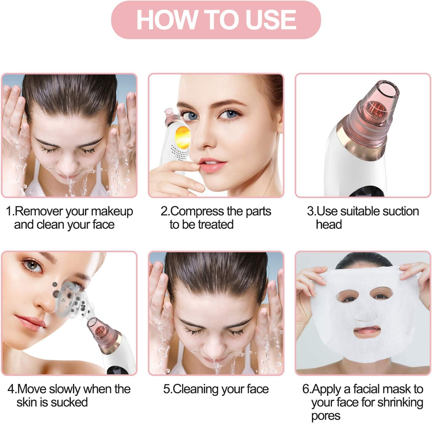 Blackhead Remover Pore Vacuum with Hot Compress-2026 Upgraded Electric Face Cleaner Pore Extractor Pimple Extractor Acne White Heads Removal Tool with 5 Suction Head LCD Screen and Base - Image 6