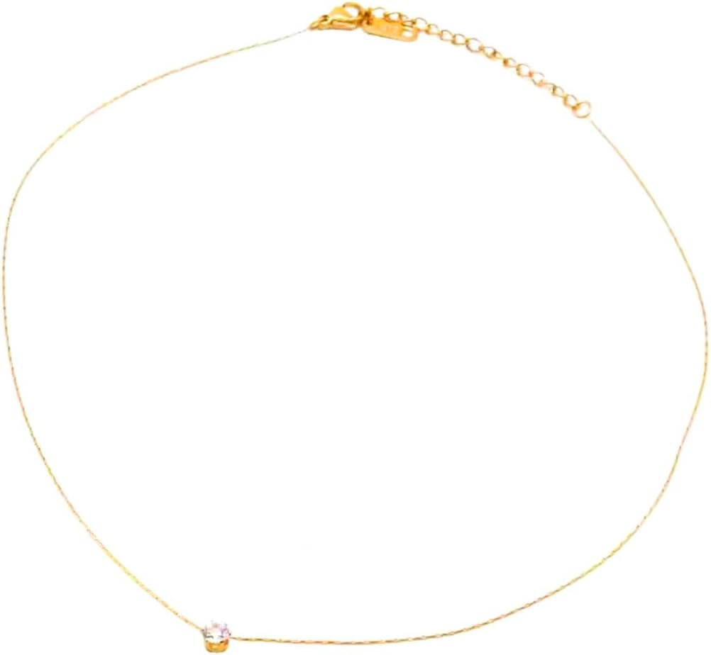 Minimalist Zircon Pendant Necklace for Women - Stainless Steel Adjustable Choker, 15.7"-17.7", Silver or 18k Gold Plated, Elegant Everyday Jewelry Gift