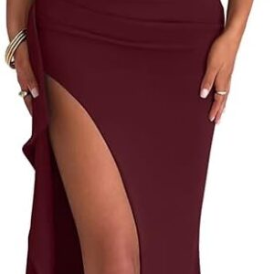 LAGSHIAN Women’s Elegant Bodycon Off Shoulder Sleeveless High Split Ruched Long Formal Evening Dress