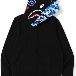 Shark Double-Layer Hooded Zip-Up Hoodie: Trendy Youth Full-Zip Hip Hop Streetwear Sweatshirt for Men