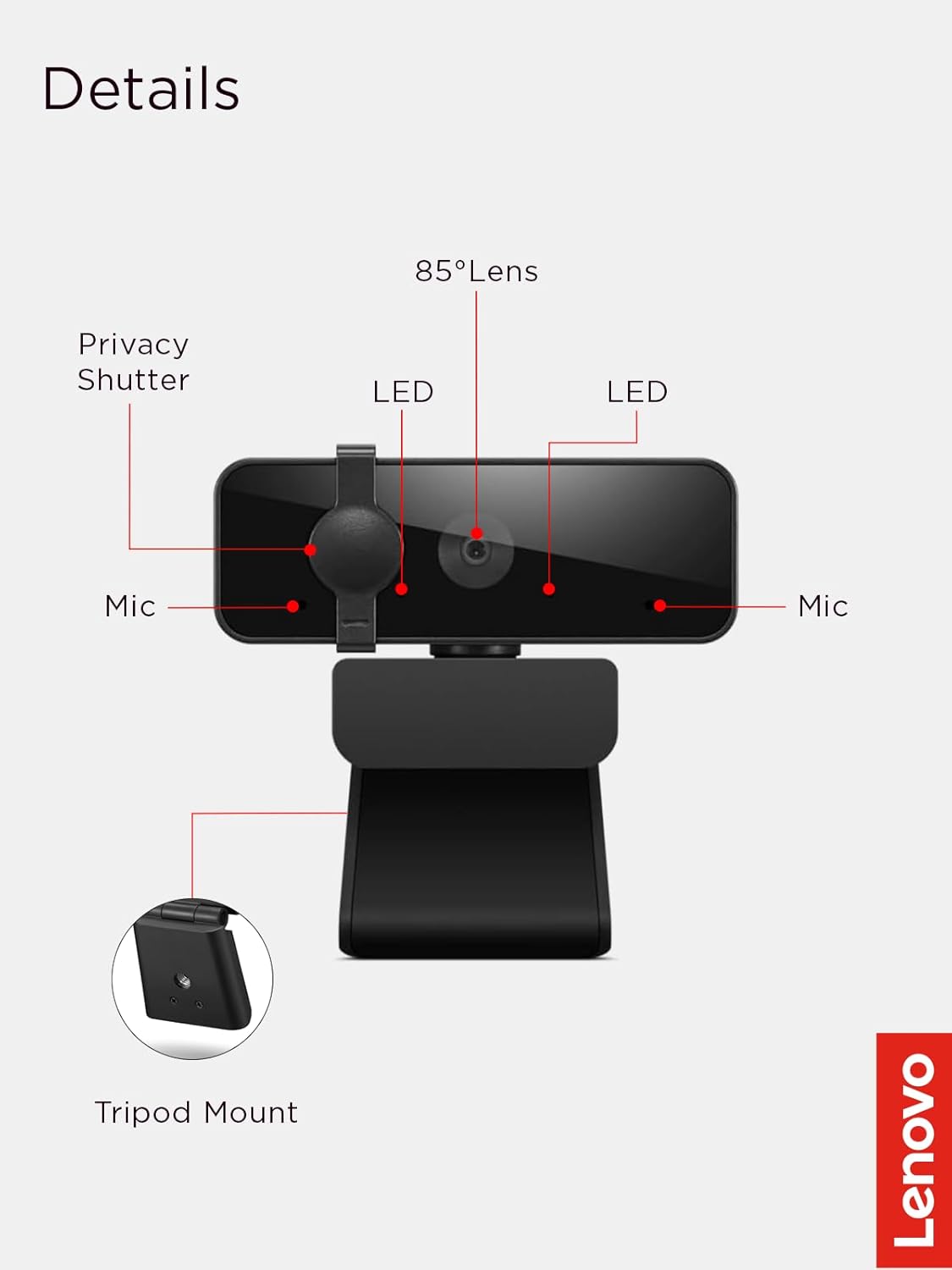 Lenovo Essential FHD Webcam Gen 2, Full HD, 1080p, Dual Microphones, 85 Degree FOV, 30 fps, USB-A Connection, Bulit-in Manual Privacy Shutter, Black - Image 8