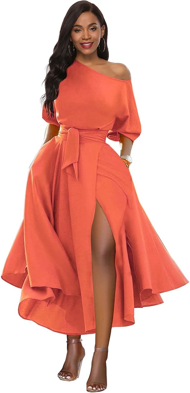 Women’s Elegant Off Shoulder Short Sleeve Belted Side Slit Cocktail Party Swing Dress with Pockets - Image 2