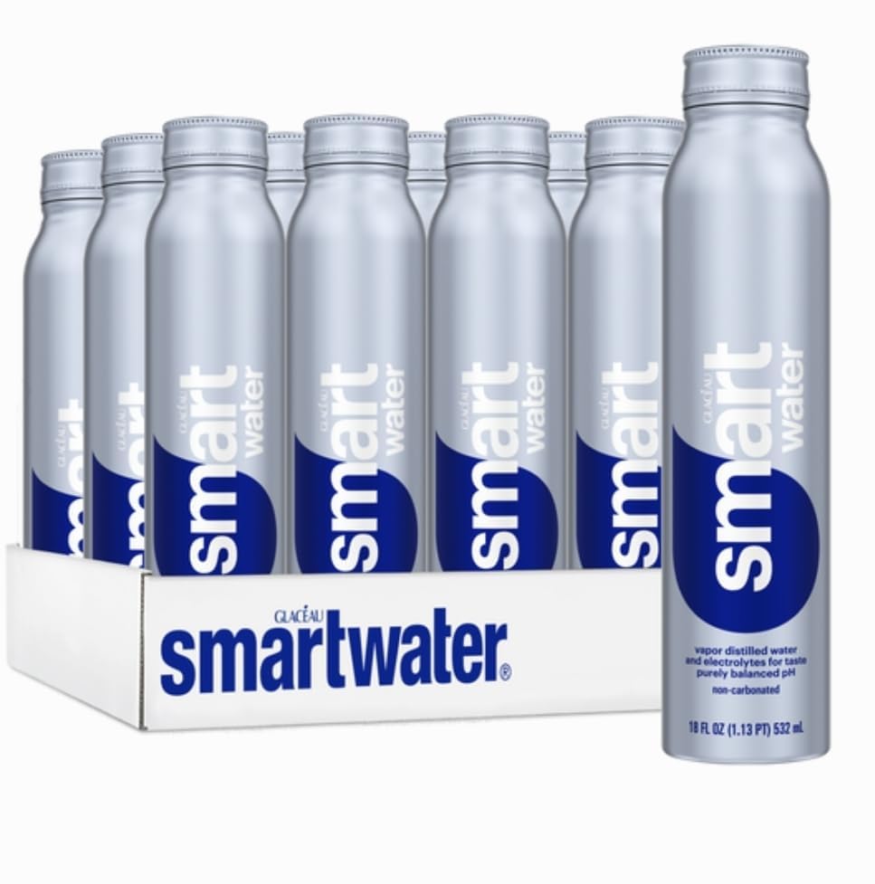 Glaceau Smartwater Aluminum Water Bottles, Vapor Distilled Water with Electrolytes, 18 Fl Oz, 12 Pack