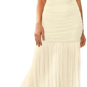LAGSHIAN Women’s Elegant Formal Long Dress One Shoulder Sleeveless Ruched Bodycon Evening Dress