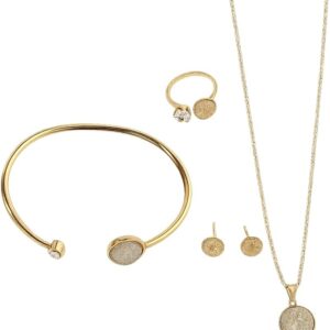 Isla & Wren Co. Gold Round 4 Piece Set Necklace Ring Bracelet and Stud Earrings Minimalist & Simple Round GOLD Chain Set – Cute Elegant Stud Earrings Cuff Bracelet Adjustable Ring Pendant for Women (Gold)