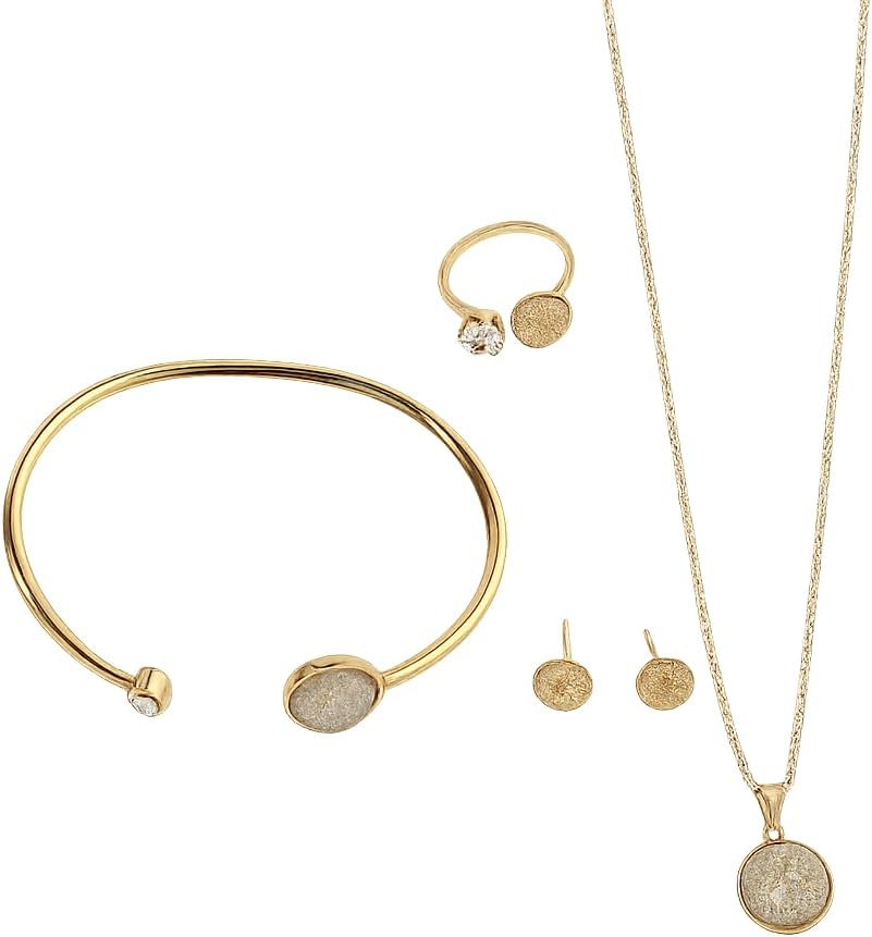 Isla & Wren Co. Gold Round 4 Piece Set Necklace Ring Bracelet and Stud Earrings Minimalist & Simple Round GOLD Chain Set - Cute Elegant Stud Earrings Cuff Bracelet Adjustable Ring Pendant for Women (Gold)