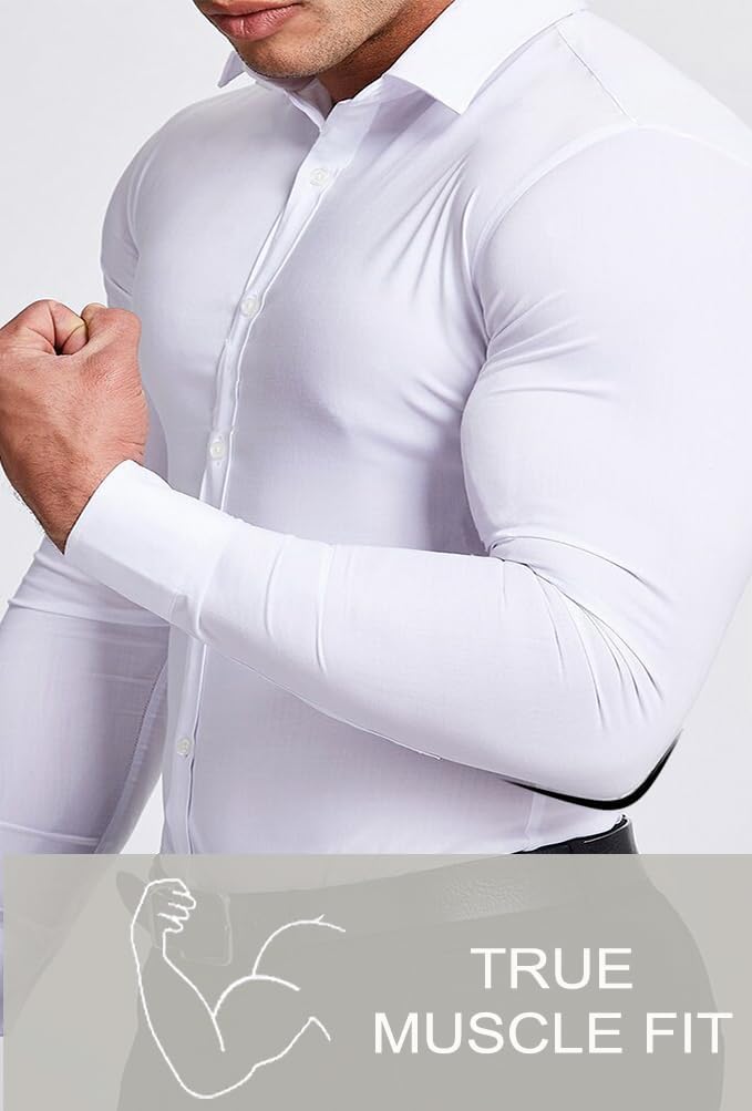 Men’s Muscle Fit Dress Shirts Athletic Slim Fit Long Sleeve Stretch Casual Button Down Shirt - Image 3