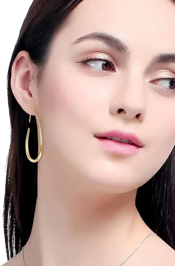 Lightweight Teardrop Hoop Earrings for Women - 14k Gold/White Gold Plated Large Oval Pull Through Hoop Earrings High Polished Statement Jewelry Gift for Women - Image 2