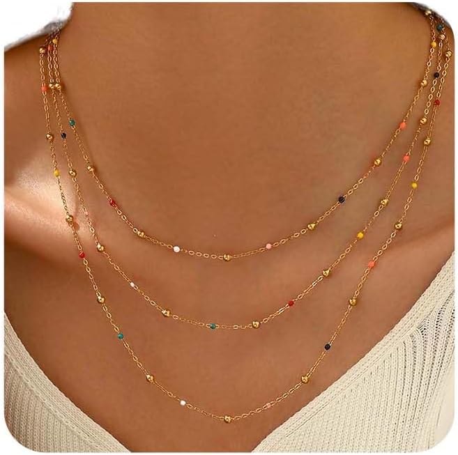 NONAMOIS Gold Chain Necklace for Women Dainty 18K Gold Plated Thin Satellite Beaded Turquoise Necklace Simple Layered Boho Jewelry Christmas Gifts