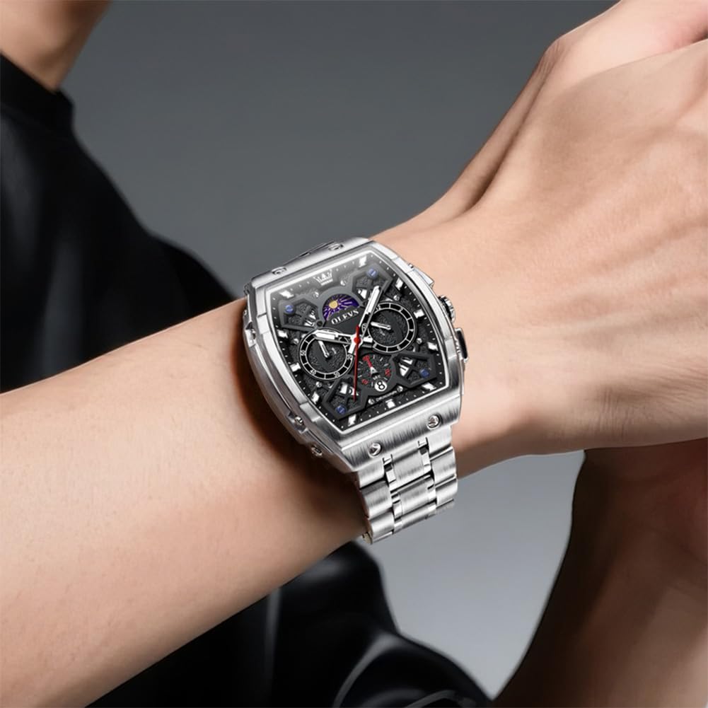 OLEVS Men Watches Business Dress Chronograph Big Square Quartz Analog Male Watch Silicone Strap Waterproof Date Gift Mens Wrsit Watch Silver - Image 5