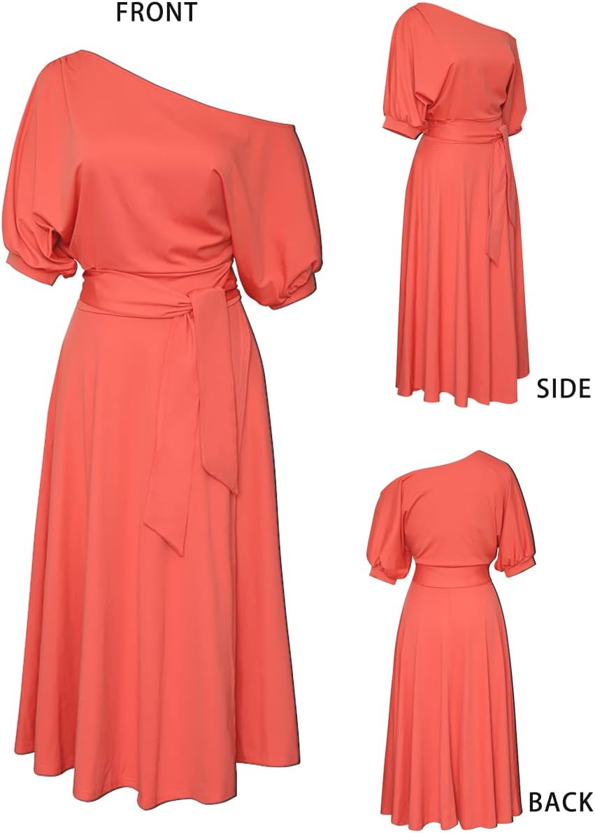 Women’s Elegant Off Shoulder Short Sleeve Belted Side Slit Cocktail Party Swing Dress with Pockets - Image 4