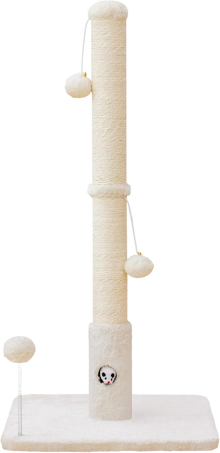 Woochpet Cat Scratching Posts 33" for Adults Cats, Cat Scratcher with Soft Fabric Covering Base and Durable Sisal Rope, Scratcher with Fun Mouse Hole and Cat Toy for Tall Cats (White) - Image 8