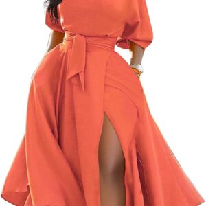 Women’s Elegant Off Shoulder Short Sleeve Belted Side Slit Cocktail Party Swing Dress with Pockets