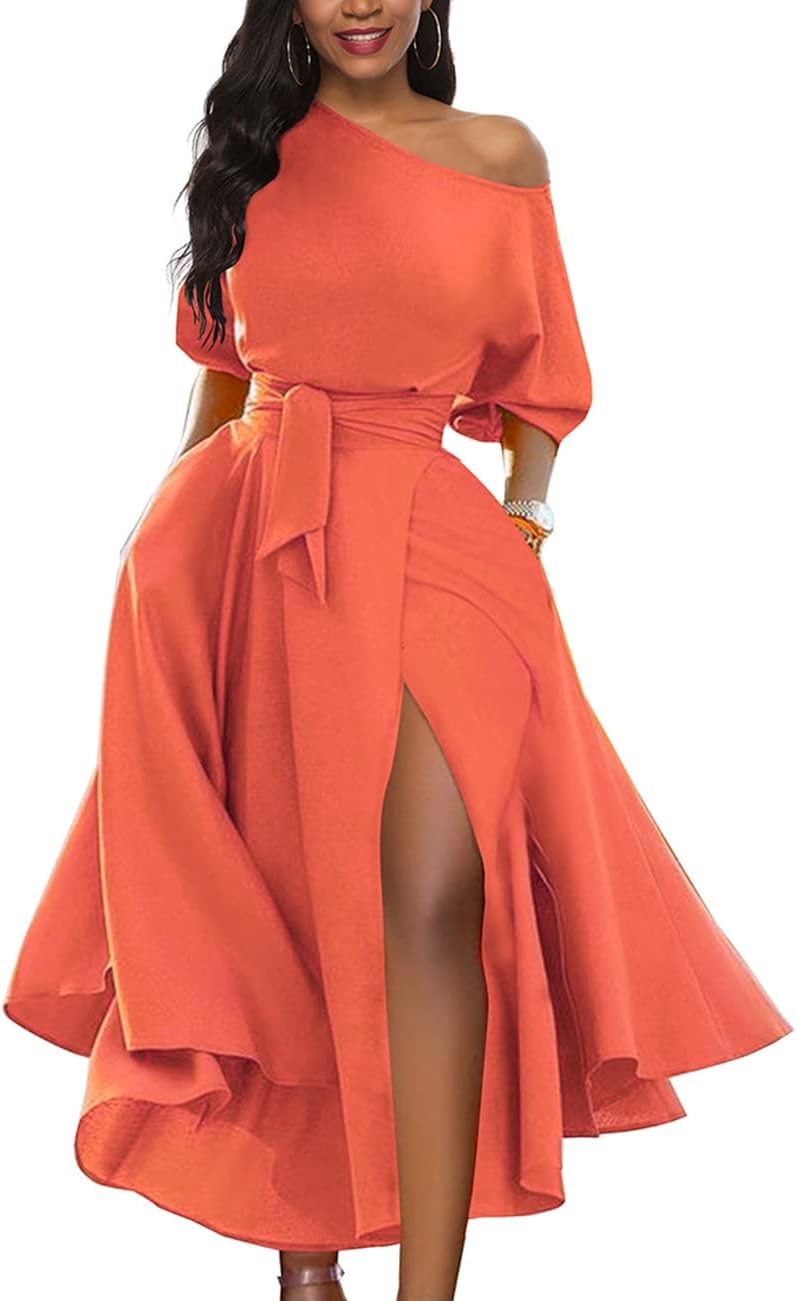 Women’s Elegant Off Shoulder Short Sleeve Belted Side Slit Cocktail Party Swing Dress with Pockets