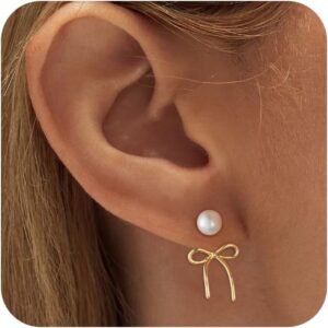 ASCOMY Gold Stud Earrings for Women – Dainty Bow 14K Gold/Silver Plated Pearl Earrings – Trendy Cute Ribbon Minimalist Jewelry Gifts for Her