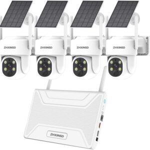 PTZ Security Cameras Wireless Outdoor Solar Powered, Pan Tilt 360 View 10 CH Ultra 4MP Home Security Camera System with 4 Cameras Human Detection Two Way Audio Color Night Vision 64G Storage