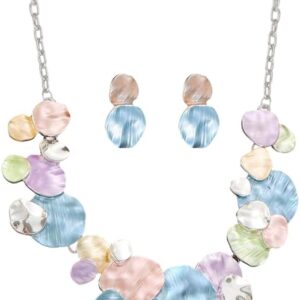 Pastel Round Coin Jewelry Set for Women Minimalist Disc Geometric Chain Link Adjustable Bib Collar Statement Necklace with Dangle Drop Stud Earrings Fashion Trendy Jewellery Pack