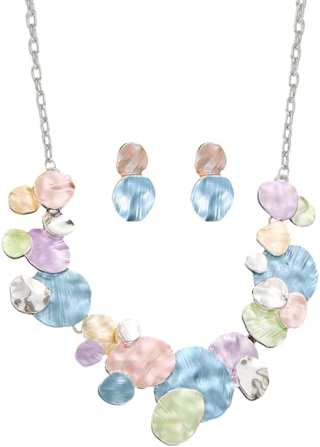 Pastel Round Coin Jewelry Set for Women Minimalist Disc Geometric Chain Link Adjustable Bib Collar Statement Necklace with Dangle Drop Stud Earrings Fashion Trendy Jewellery Pack