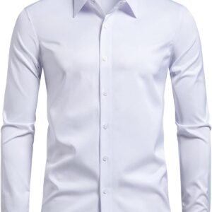 Lasjixion Mens Slim Fit Dress Shirts Wrinkle Free Formal Wedding Long Sleeve Button Down Shirts