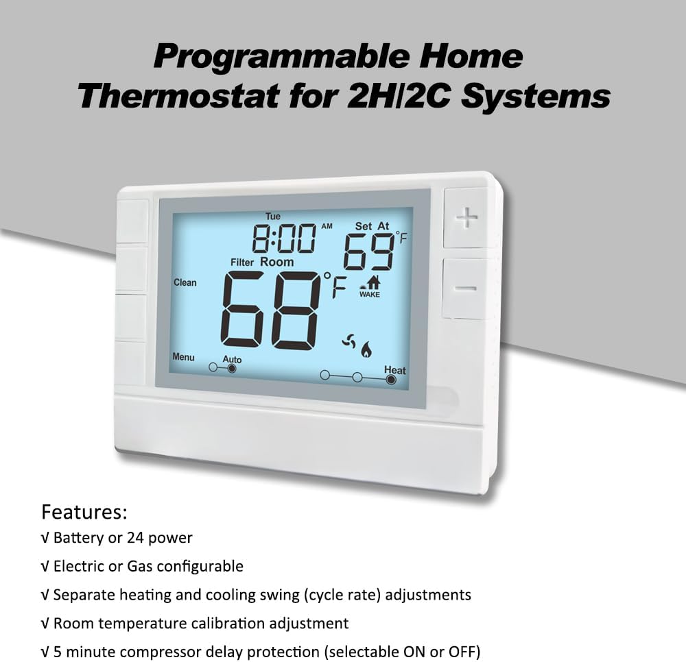 Programmable Thermostat, Thermostat for Home HVAC Systems,Multi-Stage, 2 Heat/2 Cool, White Backlight - Image 2