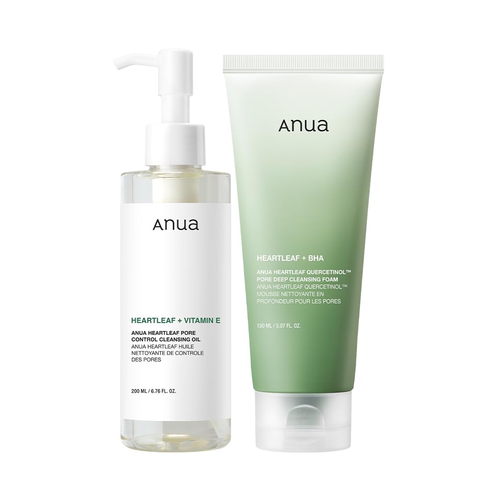 ANUA Double Cleansing Duo for Facial Cleansing, Heartleaf Pore Control Cleansing Oil & Quercetinol Deep Cleansing Foam, Makeup Remover Face Wash, Blackhead Care, Korean Skincare
