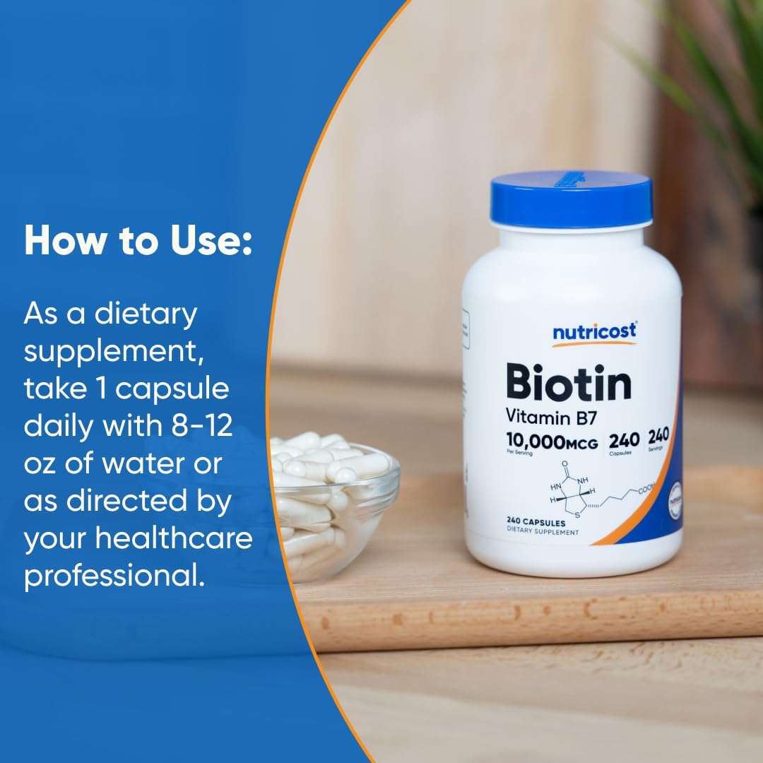 Nutricost Biotin (Vitamin B7) 10,000mcg (10mg) Vitamin Supplement, 240 Capsules - Vegetarian, Gluten Free, Quick Release, Non-GMO - Image 7