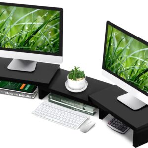 TAVR Dual Monitor Stand Riser Office Desktop Organizer Stand for 2 Monitors, Adjustable Length and Angle 3 Shelf, Extra Long Multifunctional Wooden Stand up to 43.3″ fit Computer, Laptop, TV, Black