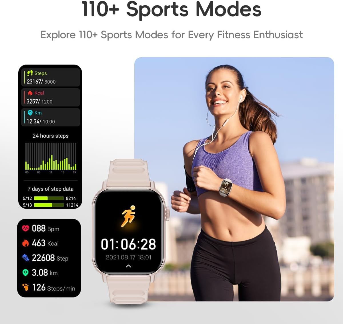 Smart Watch Sports Pedometer, Fitness Tracker Bluetooth Call Heart Rate Blood Oxygen Sleep Monitor, 100 Sports Modes Waterproof for iOS Android Men's Women's Smart Watch (Pink) - Image 5