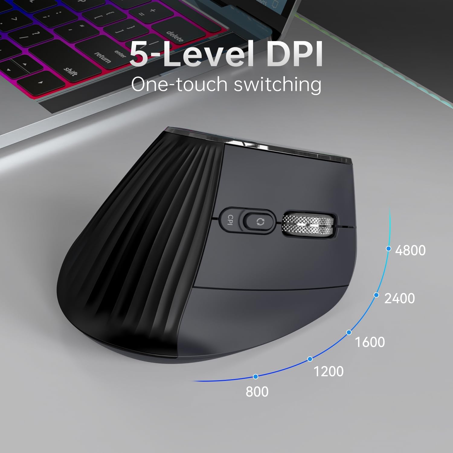Ergonomic Vertical Mouse Wireless, Bluetooth Ultra-Fast Scrolling 4800 DPI Rechargeable Ergo Mouse, 2.4G Quiet Clicks 6 Buttons RGB Optical Mice, 3 Multi-Device Connectivity for Mac, Laptop - Black - Image 4