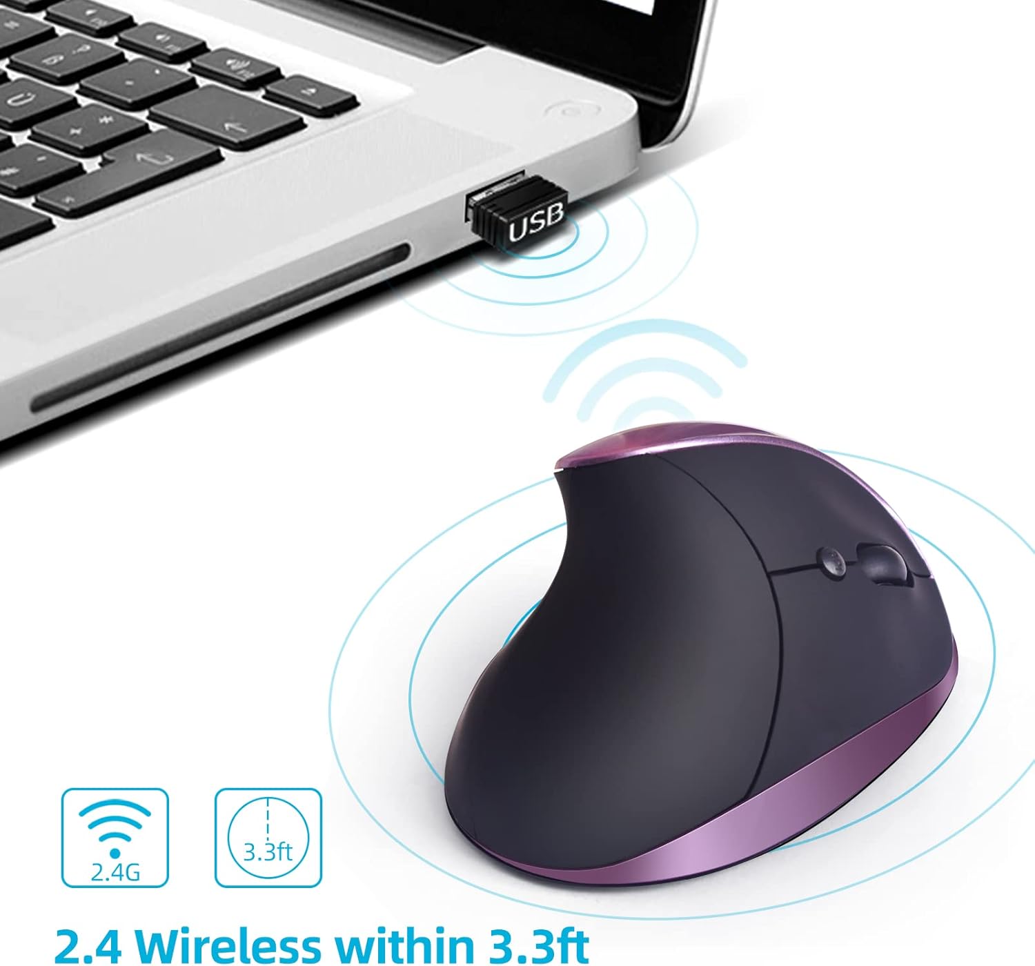 Ergonomic Mouse Wireless,Vertical Mouse with Silent Click Right Handed Small Mouses with 6 Buttons 1000/1200/1600 for Laptop,Desktop,PC, MacBook(Purple AA) - Image 3