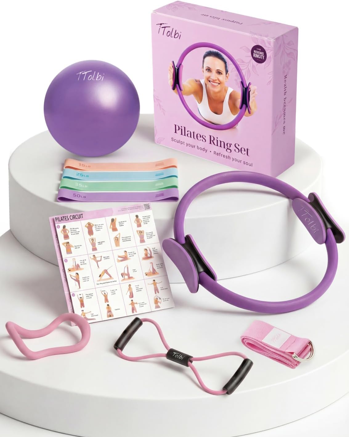 TTolbi Pilates Equipment Kit - Pilates Ring and Ball Set, Home Pilates Workout Kit for Women with Essential Accessories for At Home Workouts to Tone, Strengthen, Balance & Improve Flexibility