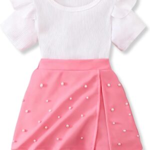 Girls 2 Piece Clothes Ruffled Sleeve Striped Top and Pearl Skirt Short Set Girl Summer Clothes Size 6-12 Years
