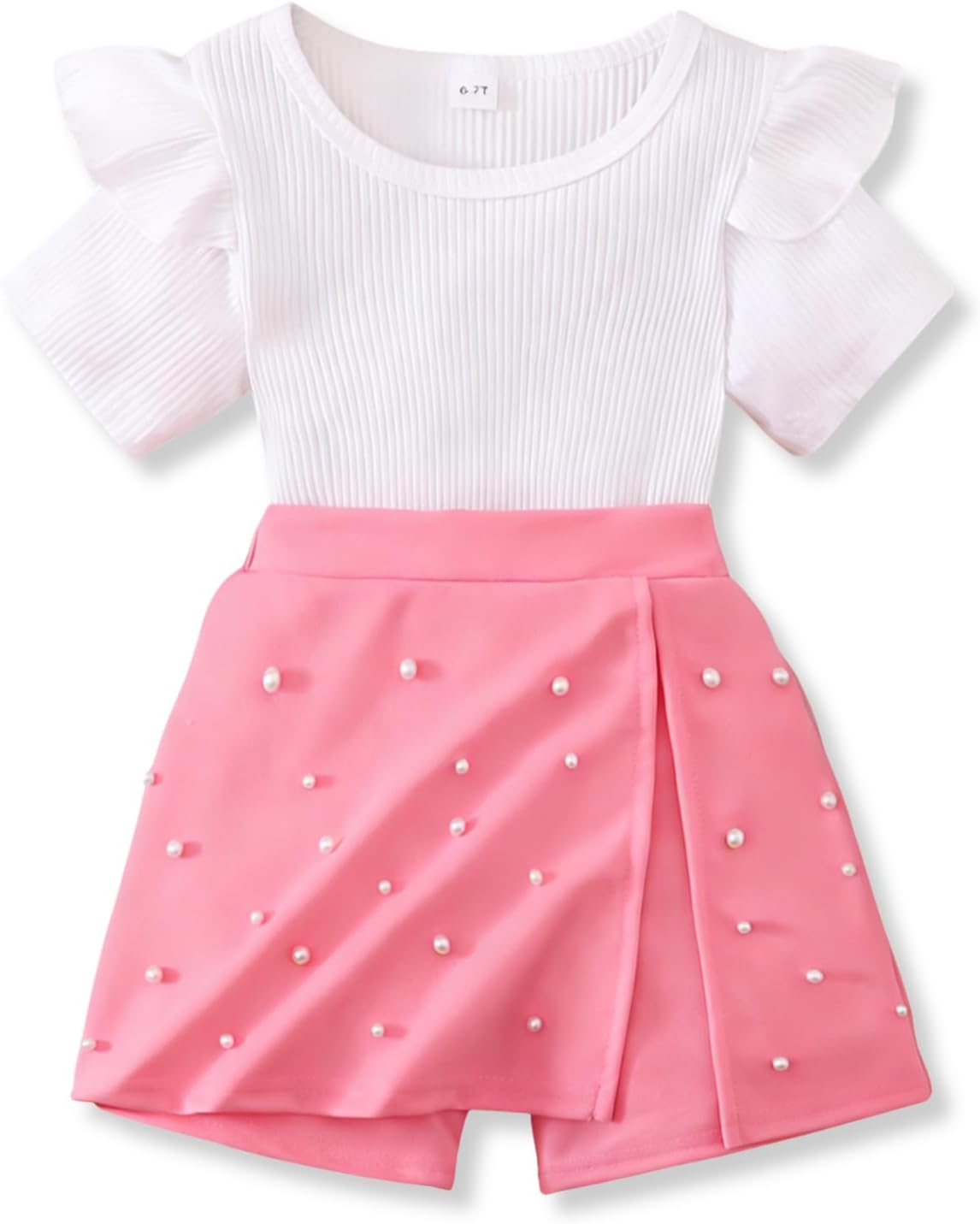 Girls 2 Piece Clothes Ruffled Sleeve Striped Top and Pearl Skirt Short Set Girl Summer Clothes Size 6-12 Years