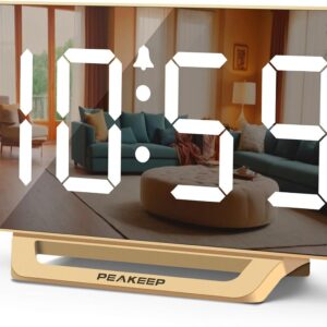 Peakeep Slim Digital Mirror Aesthetic Alarm Clock for Bedrooms Desk Decor – Plug in Electric Big LED Modern Small Clock for Office Living Room, Battery Backup, 6 Dimmers (Gold)