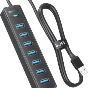 iDsonix 7 Ports USB Hub 3.0, 3.3Ft Long Cable USB Expander Hub 5Gbps USB Splitter Multiport Adapter, 5V 3A Type-C Port, USB Port Hub for Desktop, PC, Laptop, Flash Drive, HDD, Windows/XPS, Keyboard