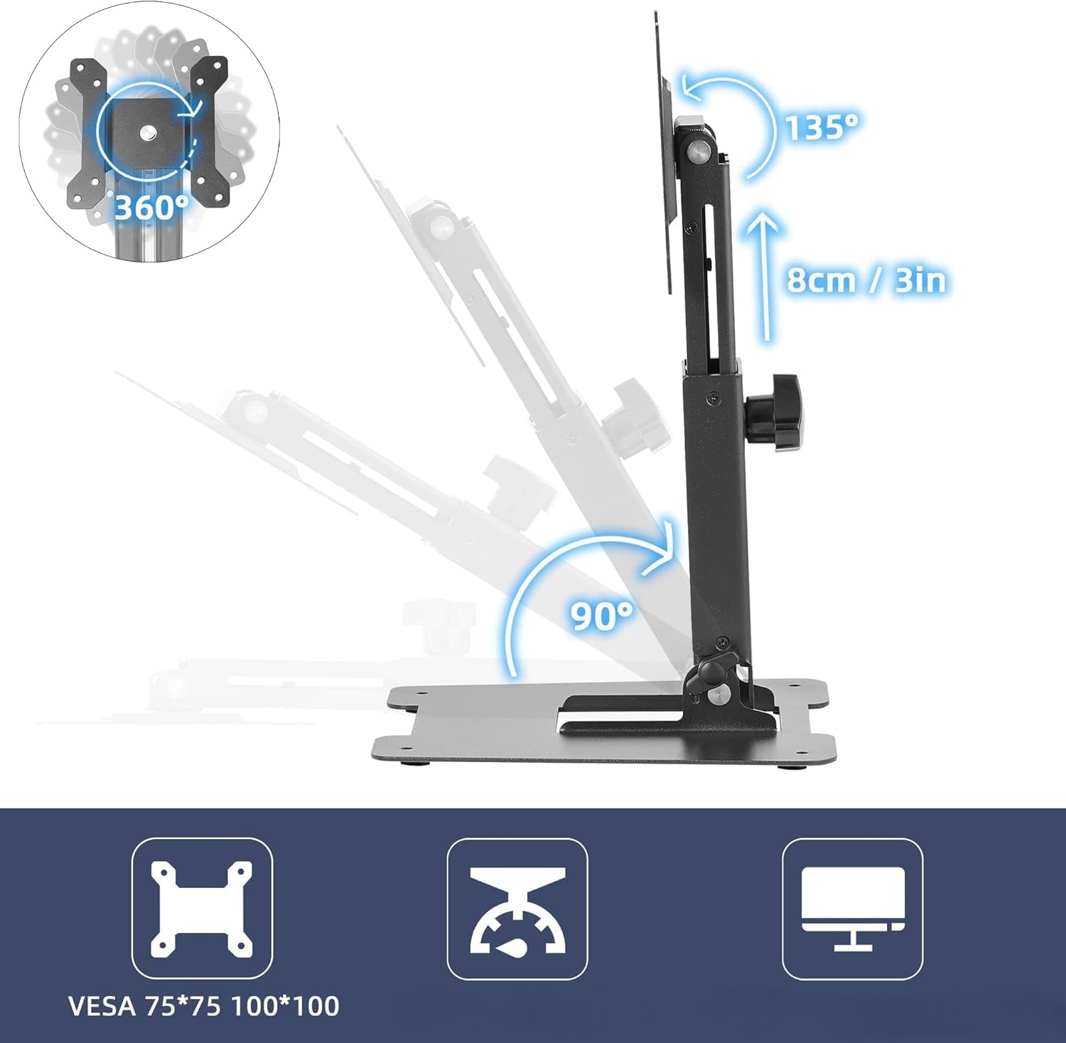 WEARSON Folding Monitor Stand - Height Adjustable Vesa Monitor Stand, Tilt, Rotation Free Standing Low Profile Desk Mount for Single Monitor up to 28 inch Screens Upgrade WS-03T - Image 5