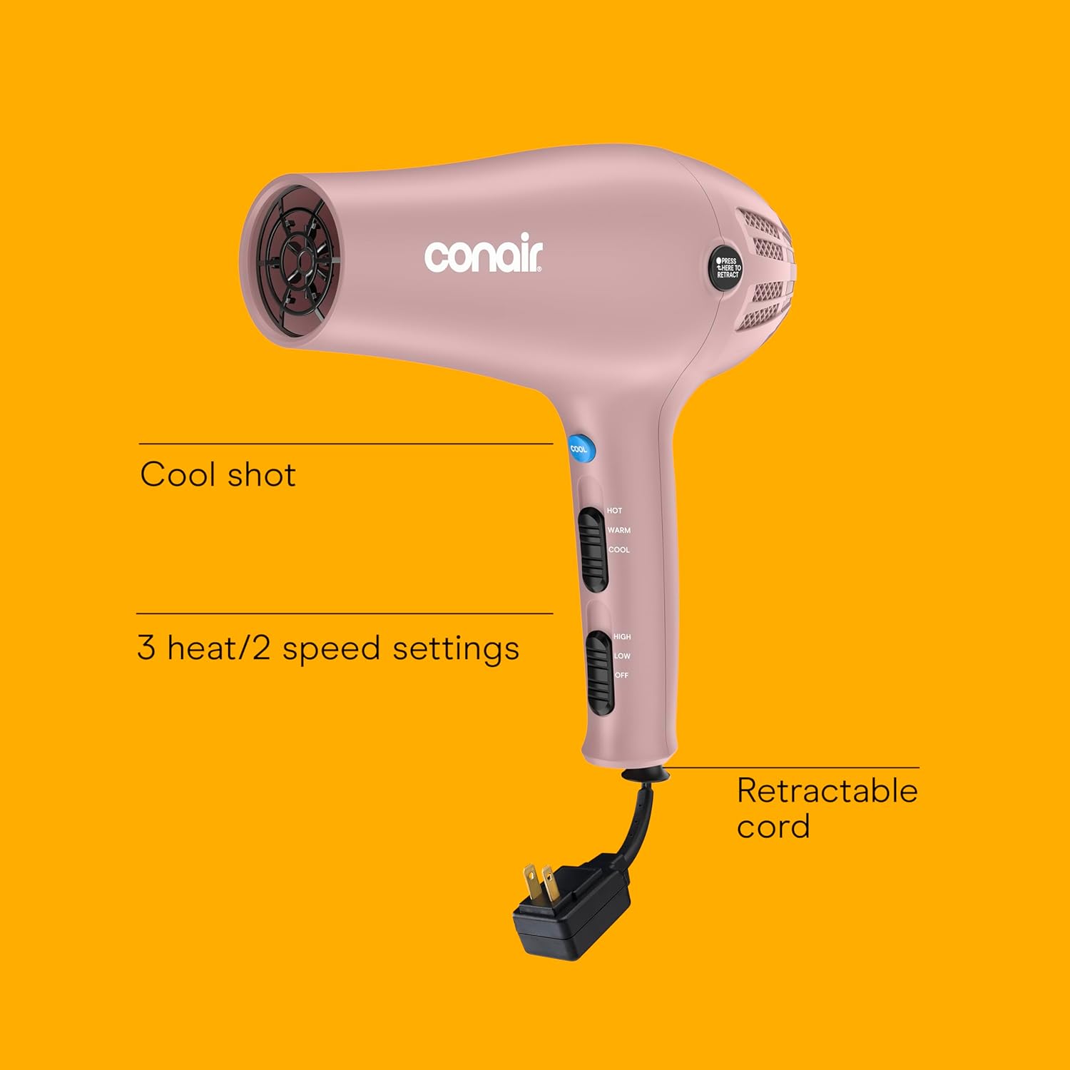 Conair Hair Dryer with Retractable Cord, 1875W Blow Dryer, 3 Heat Settings, 2 Speeds, Blow Dryer with Diffuser and Concentrator Attachments, Ionic + Tourmaline Technology, Matte Light Pink - Image 2
