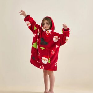 Wearable Blanket for Kids, Cozy Wearable Blanket Hoodie for Teens Girls Boys, Warm Blankets Sweatshirt Gift for Teenage, Hoodie Blankets with Sleeves and Giant Pocket – Printing Christmas