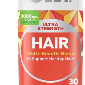 OLLY Ultra Strength Hair Softgels, Supports Hair Health, Biotin, Keratin, Vitamin D, B12, Hair Supplement, 30 Day Supply – 30 Count (Packaging May Vary)