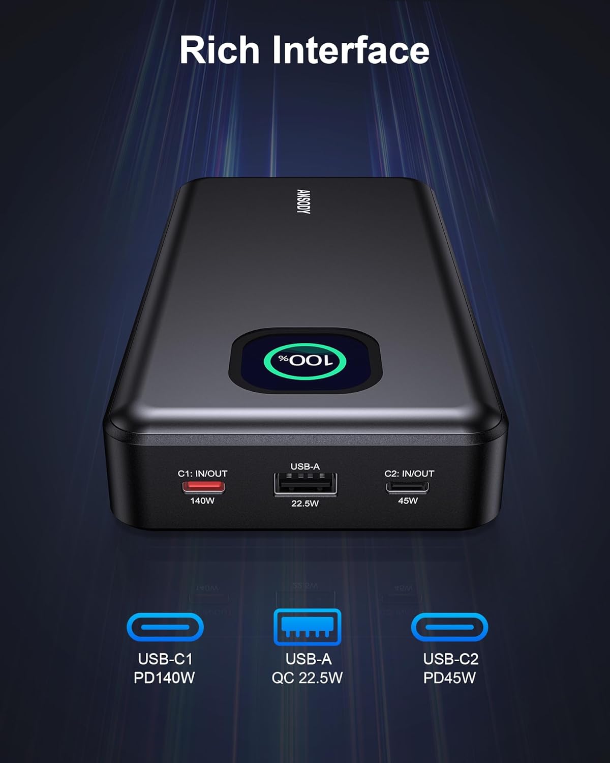 140W Power Bank, 25000mAh Laptop Portable Charger with Smart Digital Display, PD3.1 Fast Charging Battery Pack for MacBook Dell XPS iPad Tablet Steam Deck iPhone 17-12 Series Samsung Switch and More - Image 8