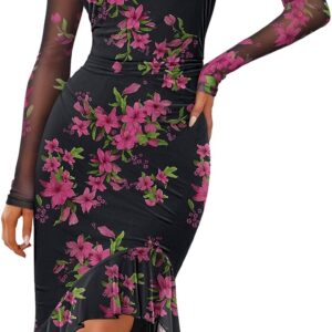 MEROKEETY Women’s 2026 Wedding Guest Dress Bodycon Long Sleeve Square Neck Ruched Mesh Cocktail Party Holiday Midi Dresses