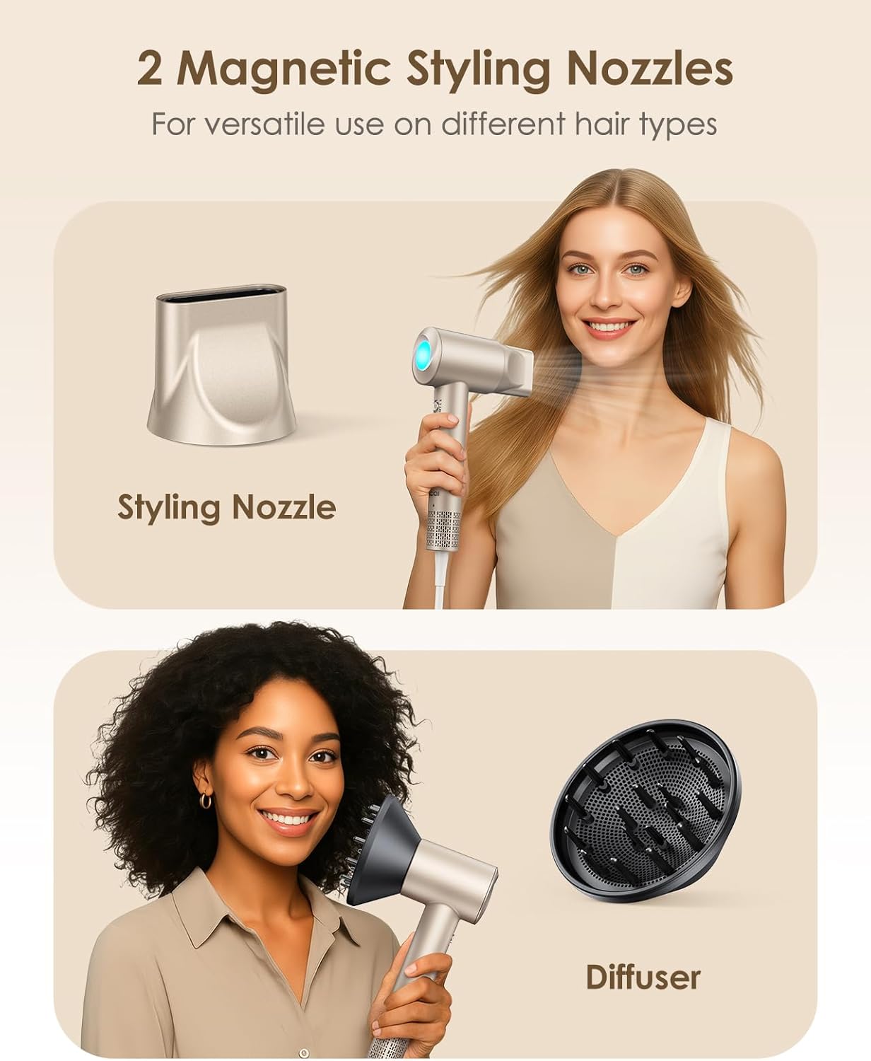 Hair Dryer Ionic with Diffuser - 160,000 RPM Professional High-Speed Blow Dryer, 500M Negative Ions Fast Drying for Women, Lightweight, Low Noise Dryer for Curly or Straight Hair - Image 4
